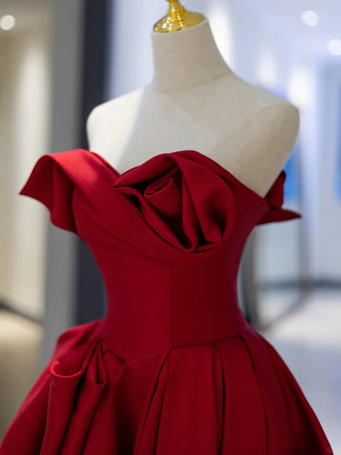 Wine Red Satin Strapless A-line Long Evening Dress, Wine Red Satin Sweetheart Prom Dress